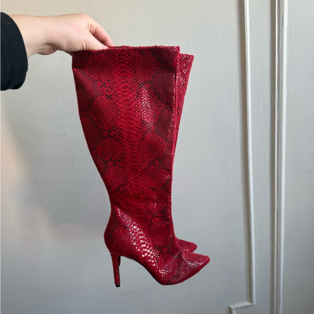 Red Faux Snakeskin Pointed Toe Knee High Boots